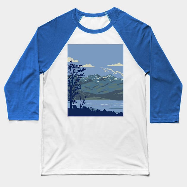 Tierra del Fuego National Park with Fagnano Lake Argentina WPA Art Deco Poster Baseball T-Shirt by retrovectors